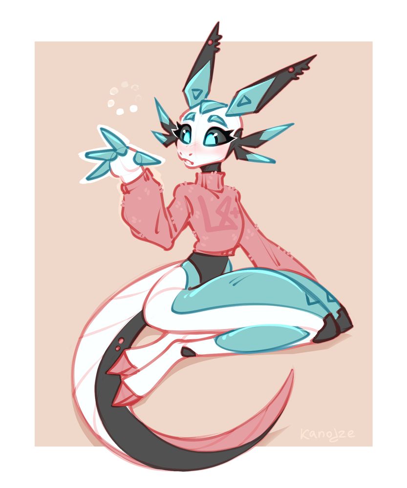 a robot-kobold lady in a pink sweater sitting elegantly in the middle of the screen, looking at her newly installed hand