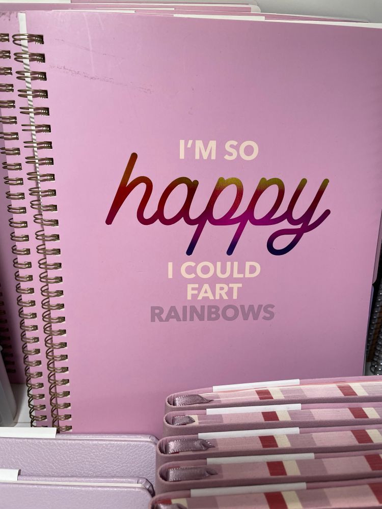 Notebooks on a shelf. Cover text: I‘m so happy I could fart rainbows.