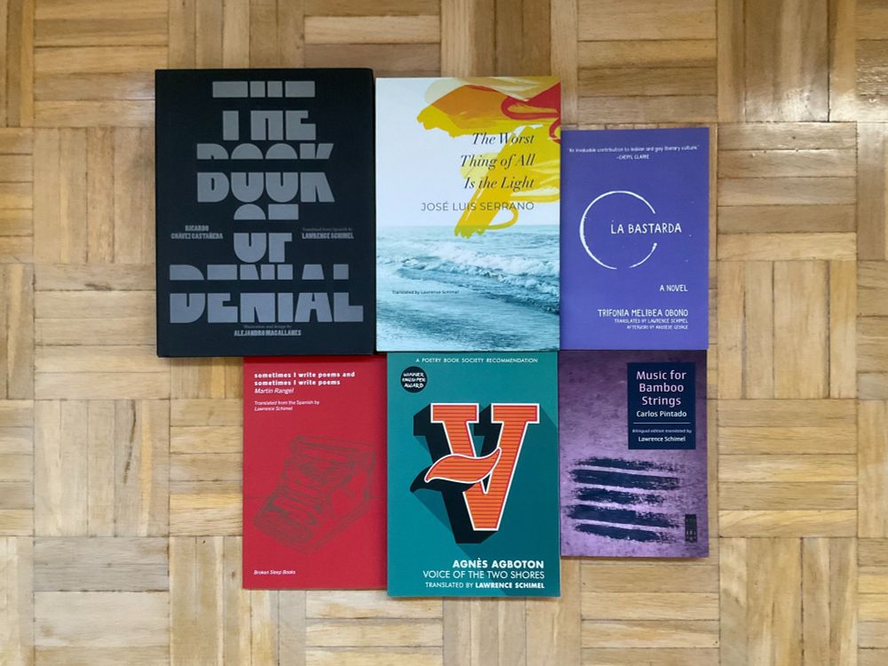 A photo of 6 books I have translated into English, the top row is fiction:

Illustrated fiction from Mexico:
THE BOOK OF DENIAL by Ricardo Chávez Castañeda & Alejandro Magallanes (Enchanted Lion) 
Queer metafiction from Spain:
THE WORST THING OF ALL IS THE LIGHT by José Luis Serrano (Seagull)
Queer coming of age story from Equatorial Guinea:
LA BASTARDA by Trifonia Melibea Obono (Feminist Press)

The bottom row is poetry:
From Mexico:
SOMETIMES I WRITE POEMS AND SOMETIMES I WRITE POEMS by Martín Rangel (Broken Sleep)
From Benin (a trilingual edition Gun-Spanish-English):
VOICE OF THE TWO SHORES by Agnès Agboton (flipped eye)
From Cuba:
MUSIC FOR BAMBOO STRINGS by Carlos Pintado (Sundial House)