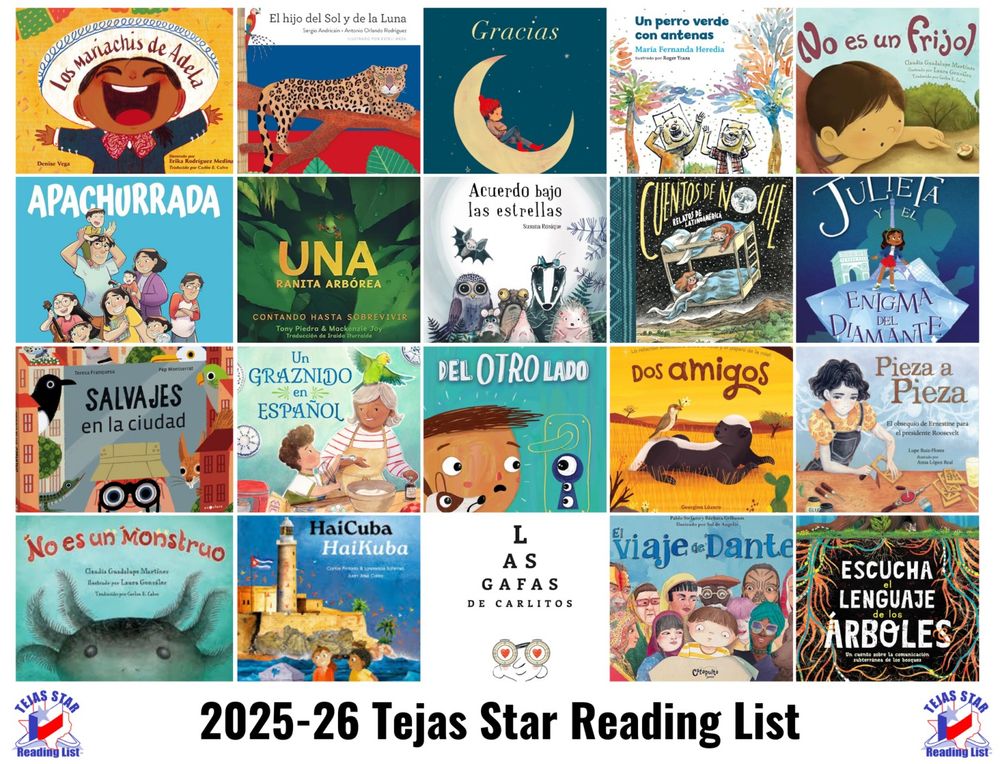 A composite of the 20 books chosen for the 2025-26 Tejas Star Reading List from the Texas Library Association, including our book HaiCuba / HaiKuba.