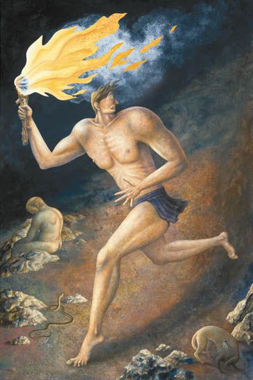 Painting of a muscular figure Prometheus running from the Gods carrying fire