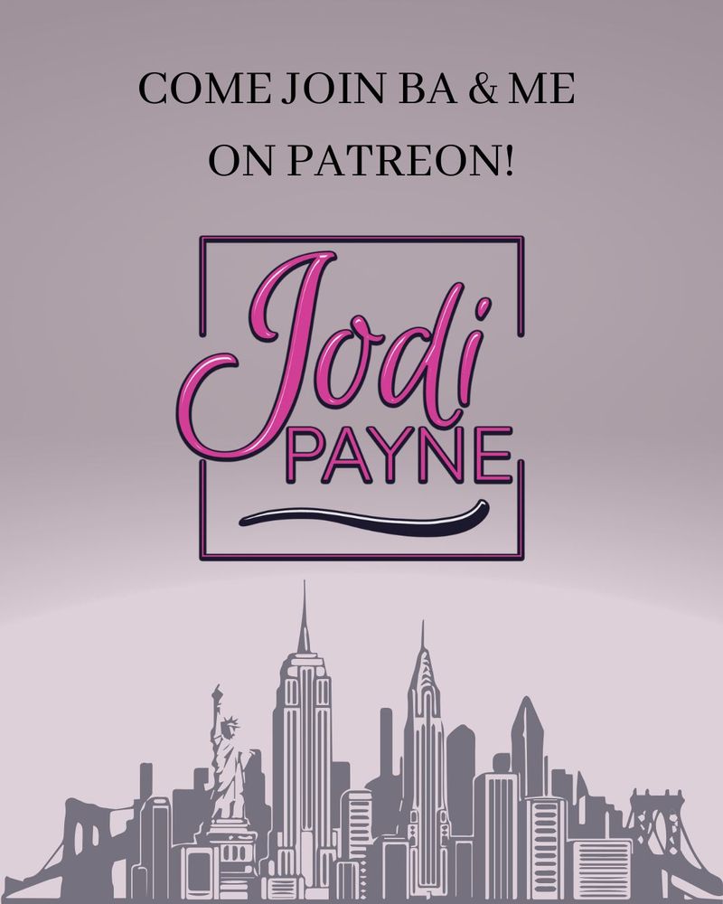 The text at the top reads, "COME JOIN BA & ME ON PATREON!" The background is ombre with the NYC skyline at the bottom. My square logo is in the middle.