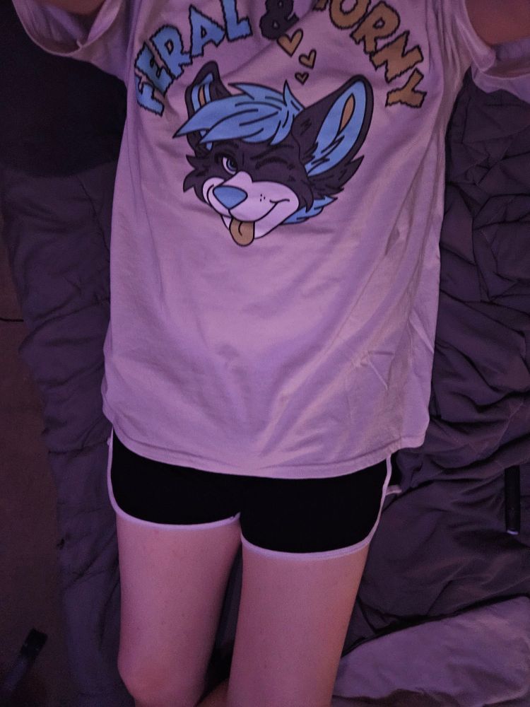 Femboy wearing cursed "feral & horny" shirt from Spencer's