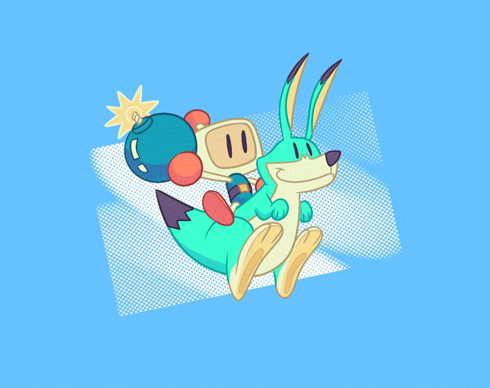 My drawing of Bomberman holding a lit bomb while riding on a jumping Louie (a green kangaroo/rabbit animal) 