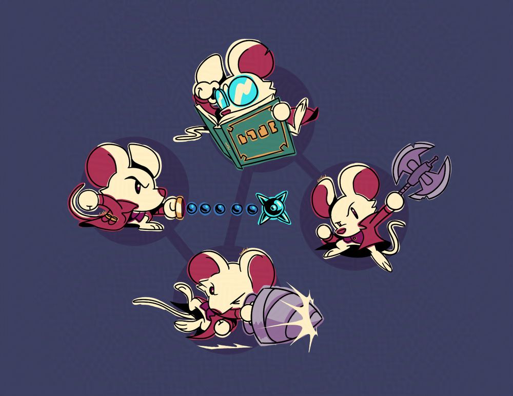 My drawing of Mina the Hollower in four poses (Reading, brandishing an axe, using a drill, and whipping) in a style inspired by the sprites of the game.