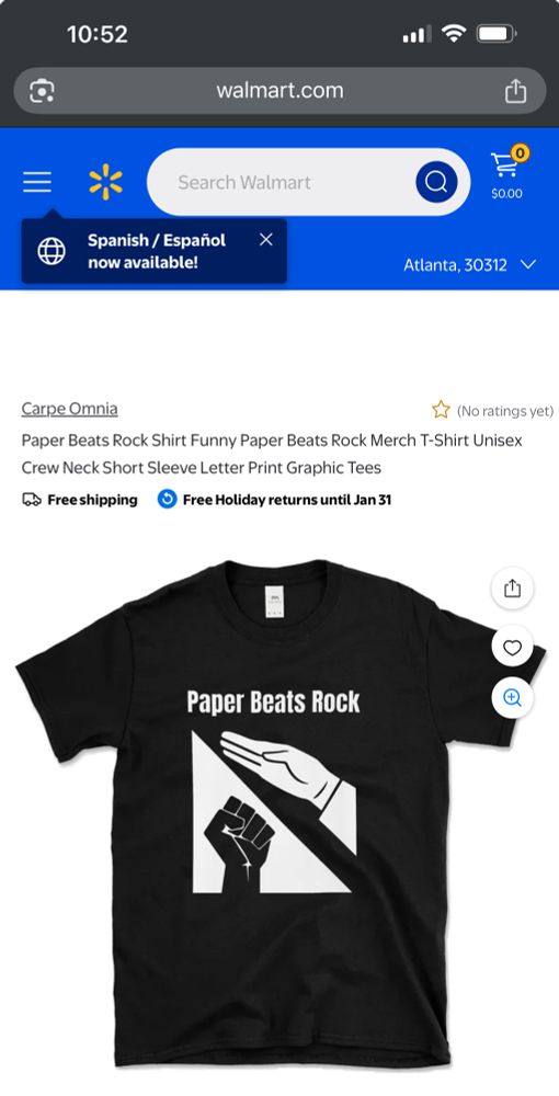 Screenshot of Walmart.com taken at 10:52 eastern today.
A T-shirt showing a black power fist with a nazi salute over it and the phrase “Paper Beats Rock”