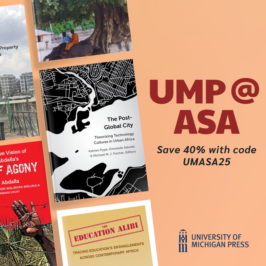 Graphic promoting the University of Michigan Press attending the African Studies Association with a 40% off code. 
