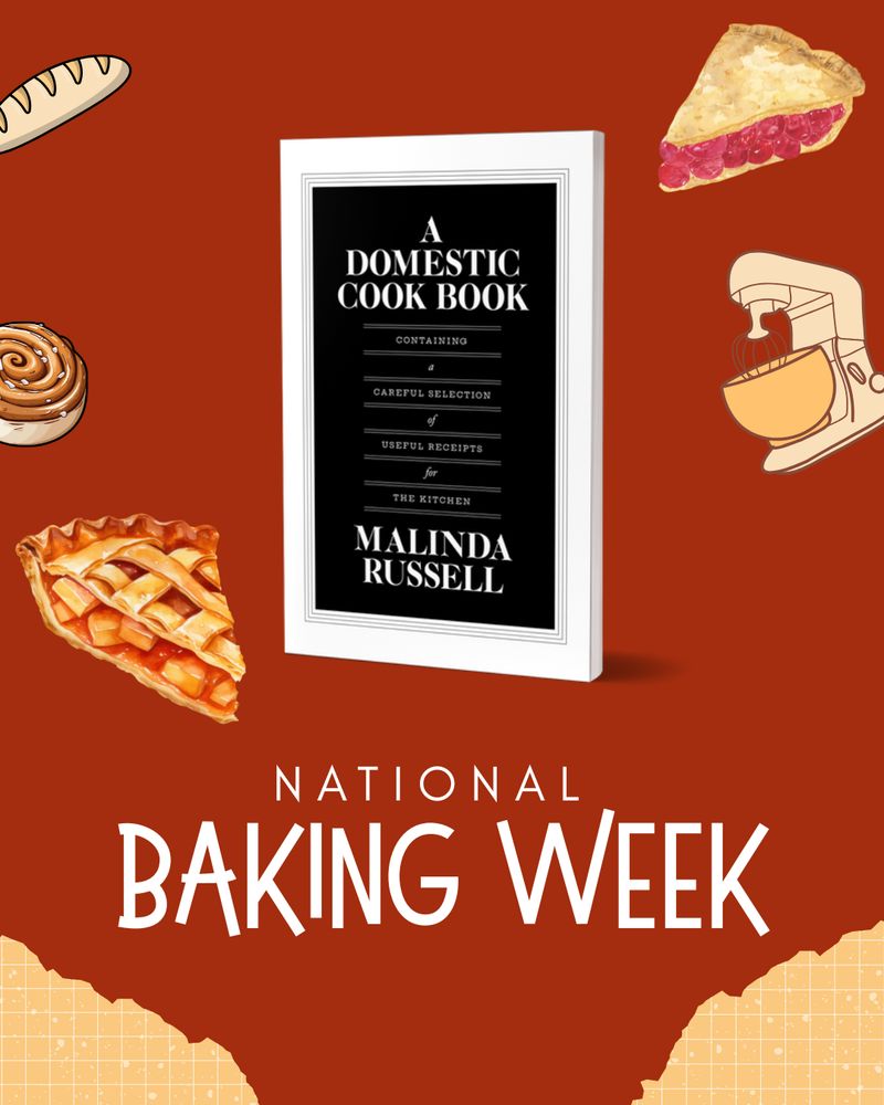 Paperback copy of A Domestic Cookbook with a background of cartoon pie, bread, and rolls