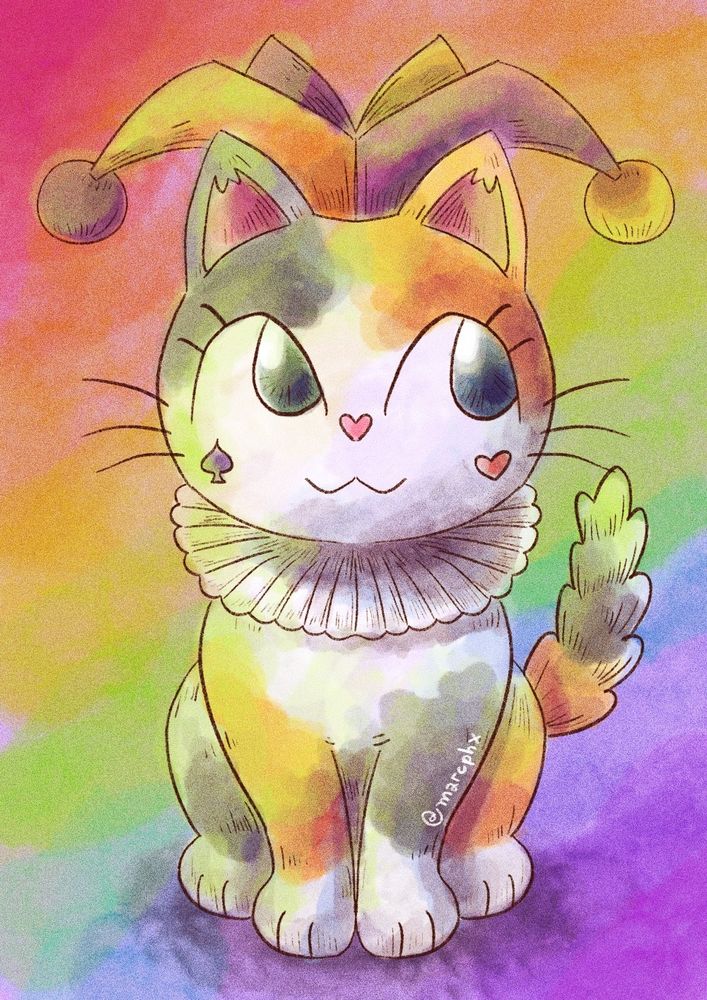 An illustration of a calico cat sitting and wearing a jester hat. She has a little heart and a spade symbol on each cheek. The background has the colors of the rainbow. Signed by @marcphx