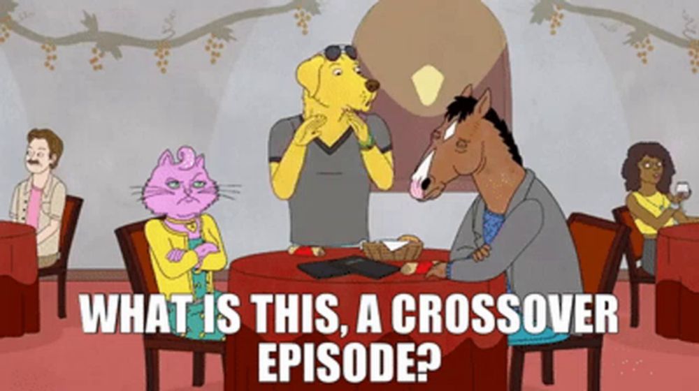 a cartoon of a cat a dog and a horse sitting at a table with the words what is this a crossover episode