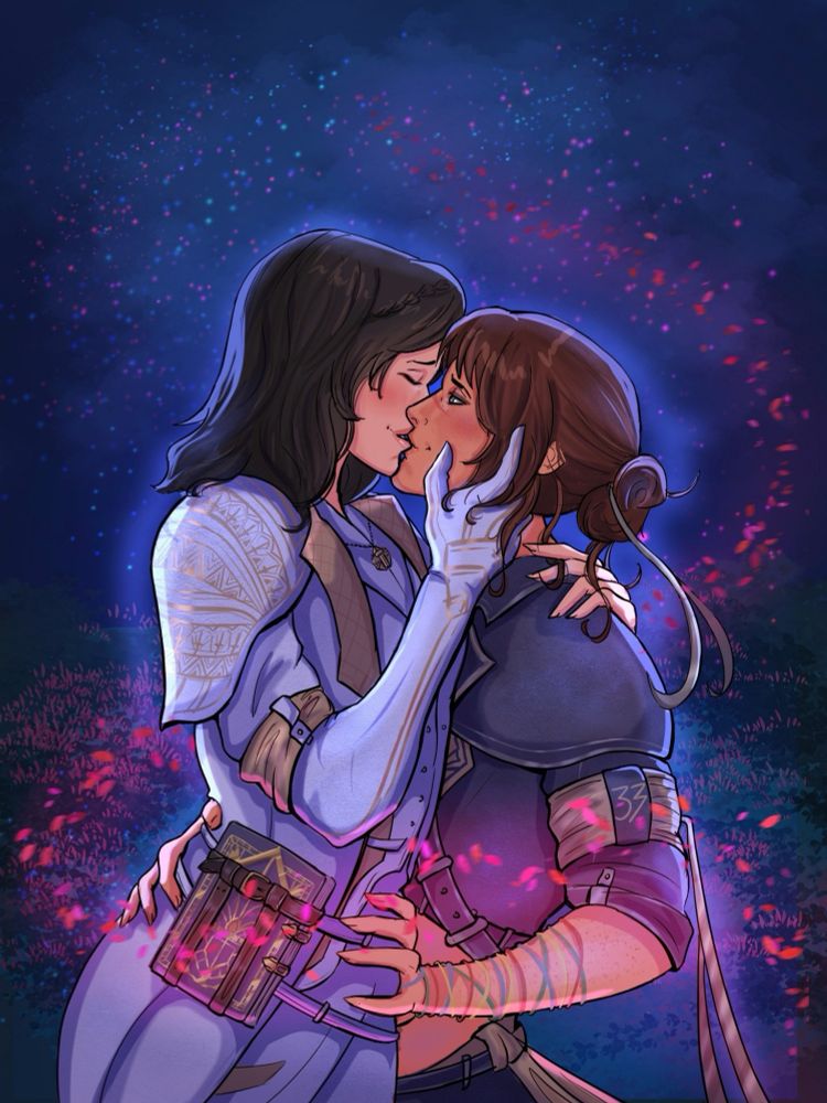 Drawing of Sciel and Lune from Expedition 33 kissing
