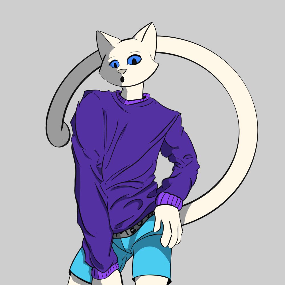 My Siamese cat OC wearing a purple long sleeve shirt and blue boxers while posing with a hand on their hip suggestively. 