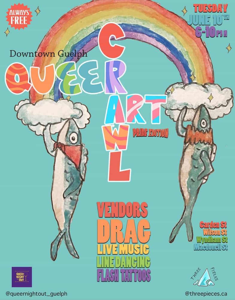 A colourful poster advertising Queer Art Crawl with two fish and a rainbow