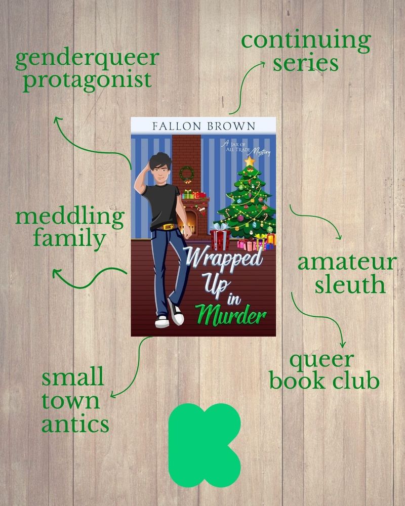 A background of wood slats. The cover of my upcoming book, Wrapped Up in Murder, with arrows coming off it pointing to different elements in the book, including: genderqueer protagonist, meddling family, small town antics, continuing series, amateur sleuth,  and queer book club. It also features a large 'K' icon at the bottom for Kickstarter.