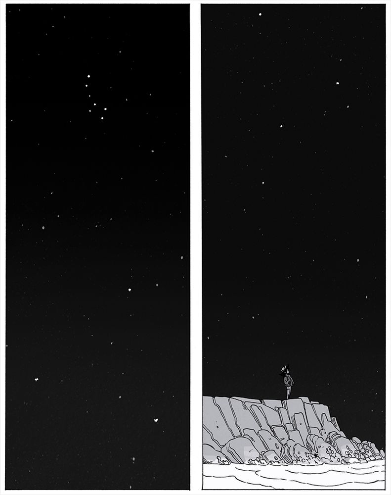 Vertical panels, the first is just a black starry night with the little Dipper at the top, and the second panel is the continuation of the black starry night, with a sea and cliff at the bottom and a person (Pia) standing there, watching the sky.