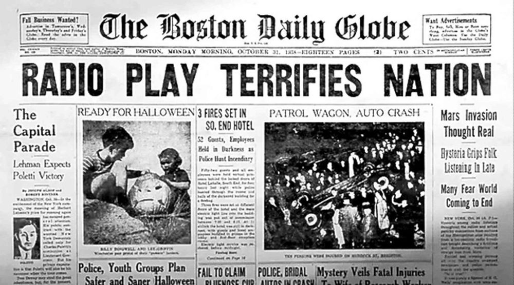 Front page of The Boston Daily Globe with the headline ‘Radio Play Terrifies Nation,’ dated October 31, 1938. The article reports on the widespread panic caused by Orson Welles’ ‘War of the Worlds’ radio broadcast, which many listeners believed to be real. Accompanying images include children carving a jack-o’-lantern and a group of people gathered around a patrol wagon after an auto crash.