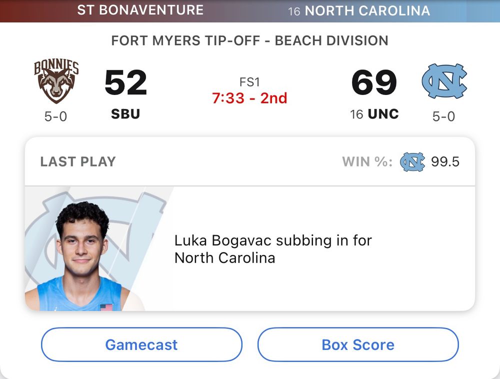 Screen cap of the ESPN app, showing a score of 52-69 in the St. Bonaventure vs UNC men’s basketball game. 
