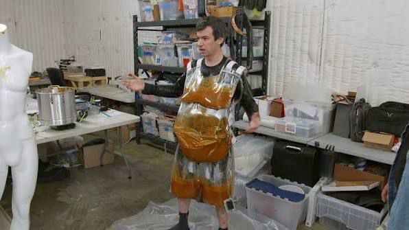 Nathan Fielder wearing an insane suit that would help him sneak chili into a stadium and sell it. It’s a whole thing. Watch Nathan for You. 