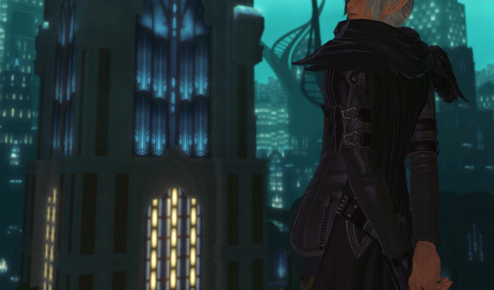 a photo of the mysterious elf child looking back to the camera, as they stand in front of a certain underwater city in final fantasy xiv: shadowbringers. the photo is cropped in such a way that the child's eyes cannot be seen