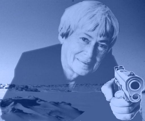 Edit of Ursula K. LeGuin holding a gun with a neutral expression in front of an arctic background ala Left Hand of Darkness