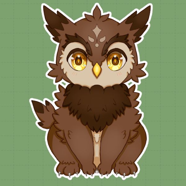 Drawing of a small brown and tan owlbear with large golden eyes and a star pattern on its head.
