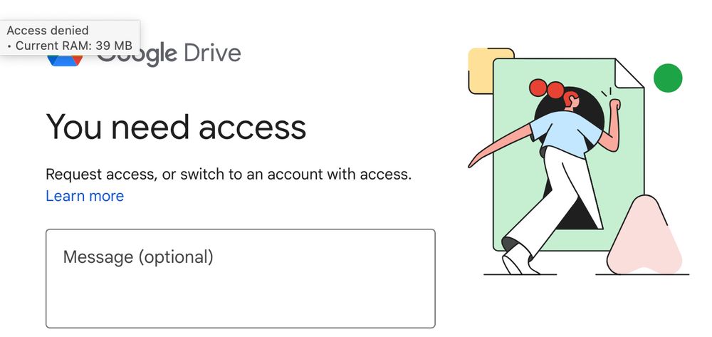 A screen capture of Google Drive denying access to a document, featuring a hideously ugly graphic in the "Corporate Memphis" style, of a long-limbed tiny-headed "worker" who is clearly easily walking through the giant keyhole meant to convey denial of access