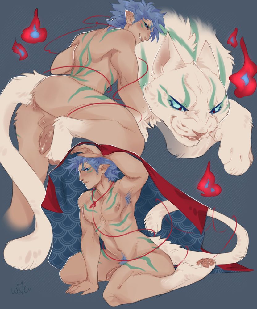#wulverart

Recent redraw of a couple sketches from an old AU, including a new original sketch. It features Grimmjow as a bakeneko, on the top left is the new sketch, top right a redraw of his full demon cat form and on the bottom is his humanoid form.