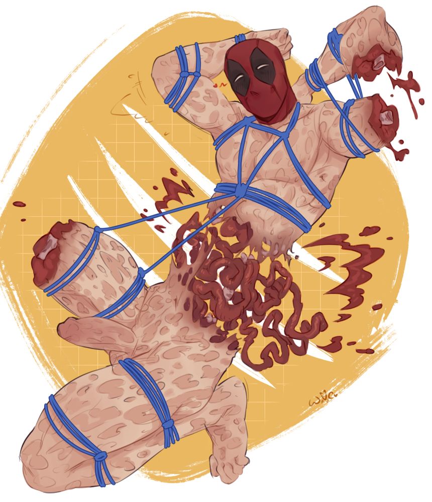 #wulverart

NSFW Deadpool art, featuring Wade his abdomen exploded and right leg missing, his left arm is hanging from the tied rope. He's looking at the viewer with a flirty look.