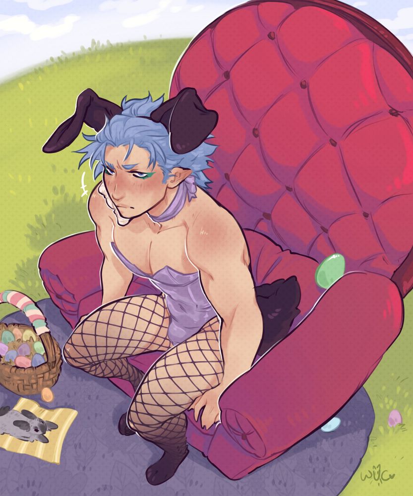 #wulverart

Drawing of Grimmjow in a lavender color bunny girl suit, with black tail and ears and paws included in the tights. He's sitting in a big red couch in the middle of a field, there's a basket of painted eggs close to him as well as a cute gray and black bunny.