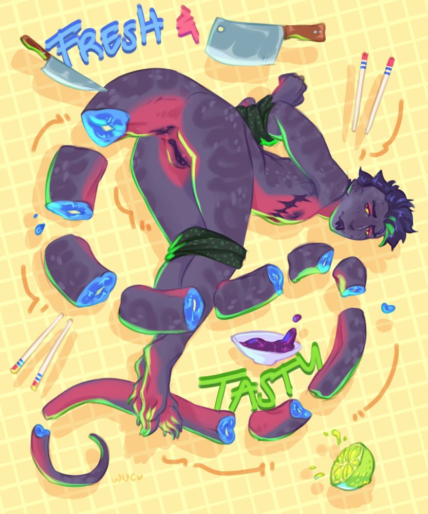 #wulverart

Drawing of my snake OC Laurence, chopped up like sushi and tied with nori. There's knives floating around him, as well as soy sauce, chopsticks and a lime.
