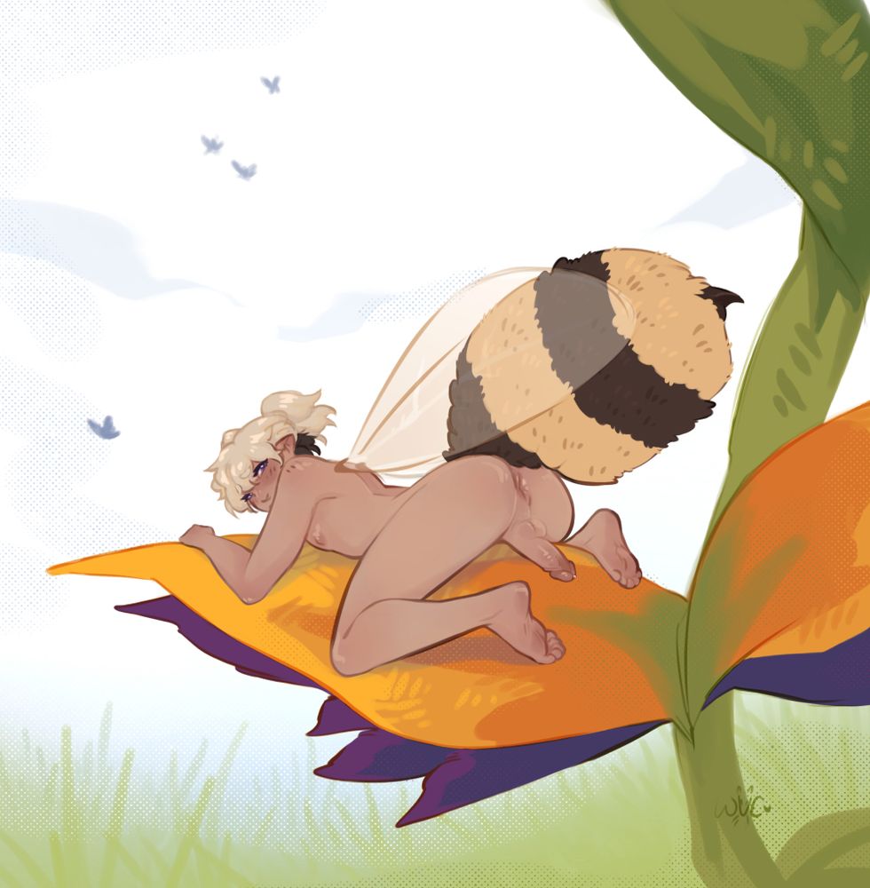 #wulverart

Drawing of a tiny Wyn (my bee hybrid boy oc) laying on a paradise flower (sort of) while naked. He's on his tummy holding onto the length of it, with his legs bent and spread with to show his hole and his hard dick pressed down against the flower. He's looking over his shoulder, shy but flirty.