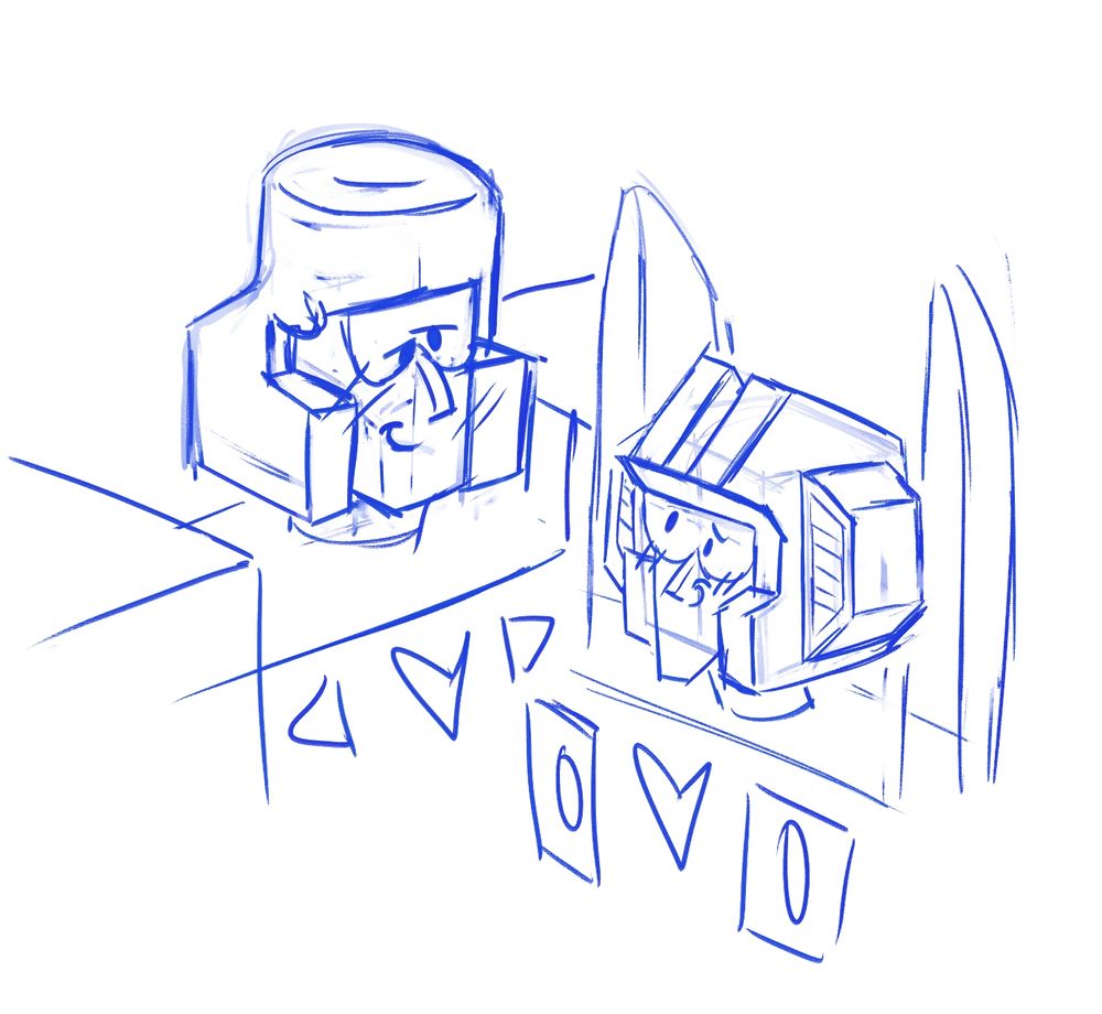 A sketch of Megatron and Starscream in the style of Transformers: Worst Bot Ever. They look at each other lovingly. The caption reads "alright, pack it up you two."
