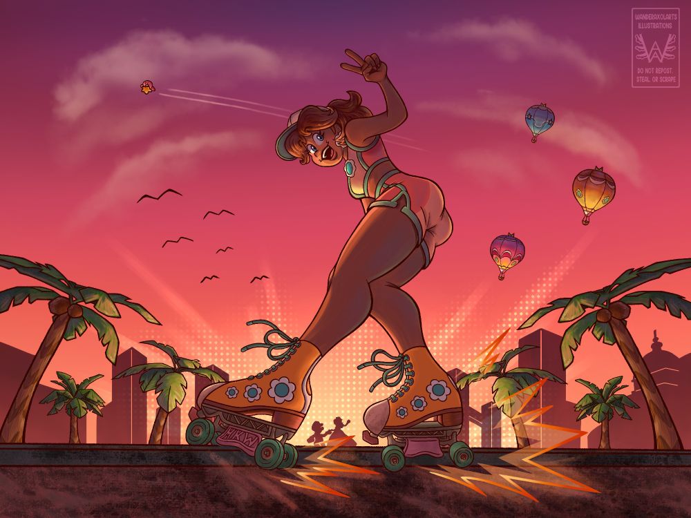 An image illustrated by WanderAxolArts (me) of Princess Daisy from the Mario Bros franchise rail grinding on a ledge over a sunset at Daisy Circuit, a race track from Mario Kart Wii. Palm trees can be seen in the midground, along with three hot air balloons from Mario Kart 7 based off of the three princesses (Peach, Daisy, and Rosalina). The background has the casted shadows of various buildings, along with the Luigi and Daisy statue, placed in the center bottom of the composition. Daisy wears one of her new athletic outfits from Mario Kart World, consisting of an orange and yellow sports bra top and shorts with green borders, along with a hat, flower on her top, and hair up in a pony. Her skates are orange with the wheels and laces teal- her flower icon decorating the sides of the skates. Daisy looks at the camera below her, left arm bent up holding a peace sign towards the viewer. Clouds and birds can be seen in the background, alongside Kirby flying on his warp star.