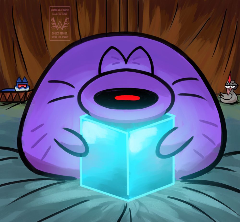 A drawing of twitter user niptul's shockwave cat. He is a fat purple cat resting his head on a cube of blue energon, with two little paws wrapped around its sides. Shockwave's red eye stares greedily at the camera, as if telling the viewer they will not take his energon. Behind him, a cat version of soundwave and a bird version of Transformers Prime Starscream look at him in bewilderment. They rest on a greyish blue blanket with brown curtains behind them. 