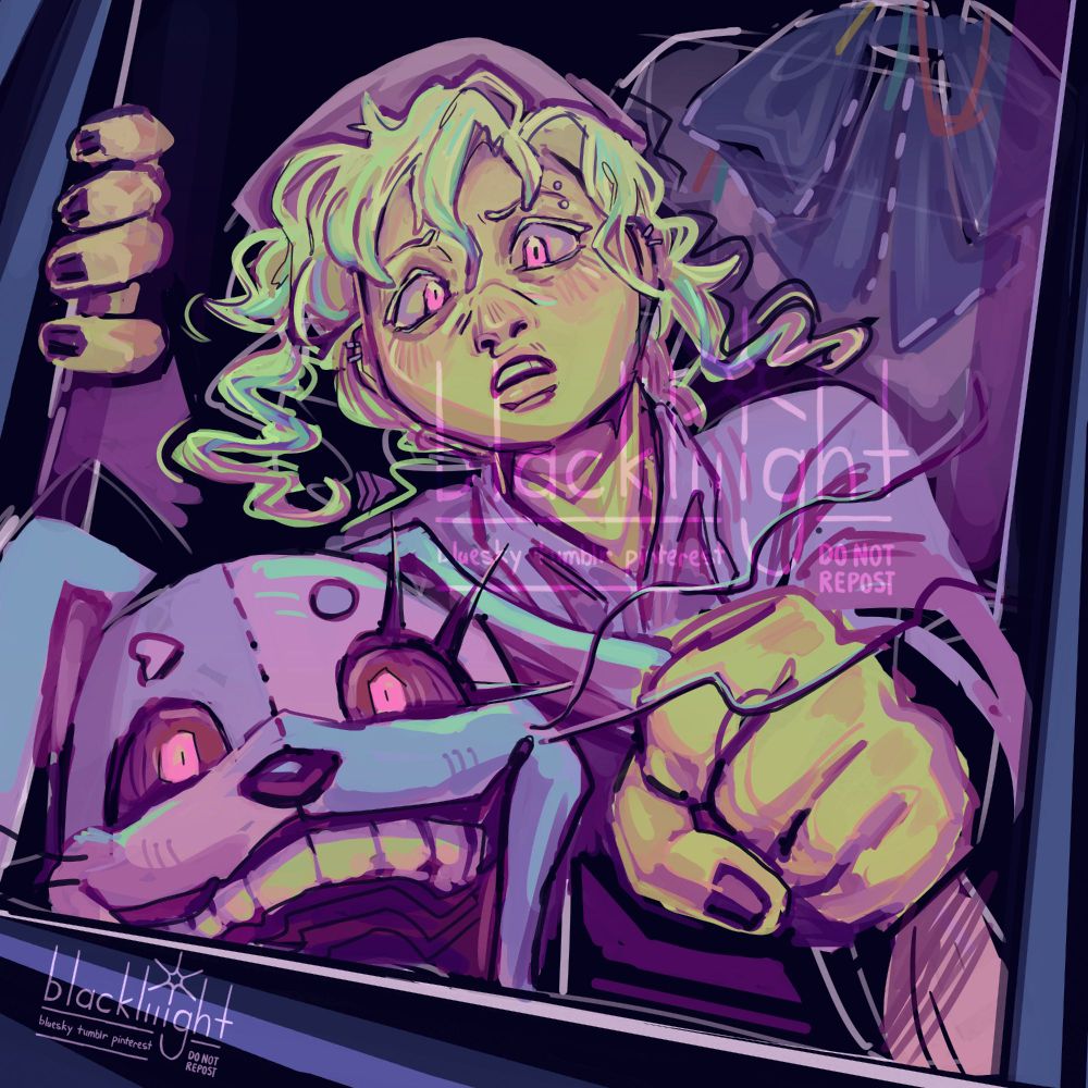 a work in progress of a digital painting of vanessa from five nights at freddy's: security breach. she is being viewed from below as she looks down in distress, holding her vanny mask which is in the foreground. her vanny suit is visible in the background. the background is nearly pitch black. the painting is in purple shades, aside from her, and her mask's, eyes, which are glowing an unnatural bright pink.