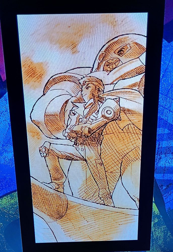 arte p&b do jogo Marvel vs capcom dois mostrando jin e juggernaut posando juntos e sorrindo 