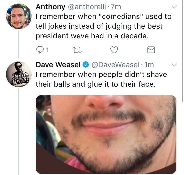 Screenshot of Some Twitter guy replying to Dave Weasel about how he remembers when "comedians" used to tell jokes instead  of judging the best president we've had in a decade (meaning Trump)

Dave zooms in on the guy's pfp showing the worst beard in the history of beards with "I remember when people didn't shave their balls and glue it to their face"