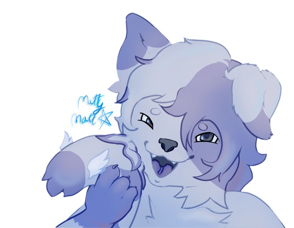 A purple puppy holding his tail pressed to his cheek.