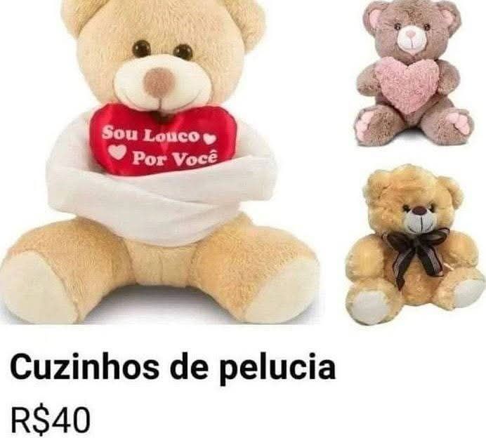 Foto de um anúncio com três ursinhos de pelúcia. Título do anúncio: Cuzinhos de pelúcia R$40