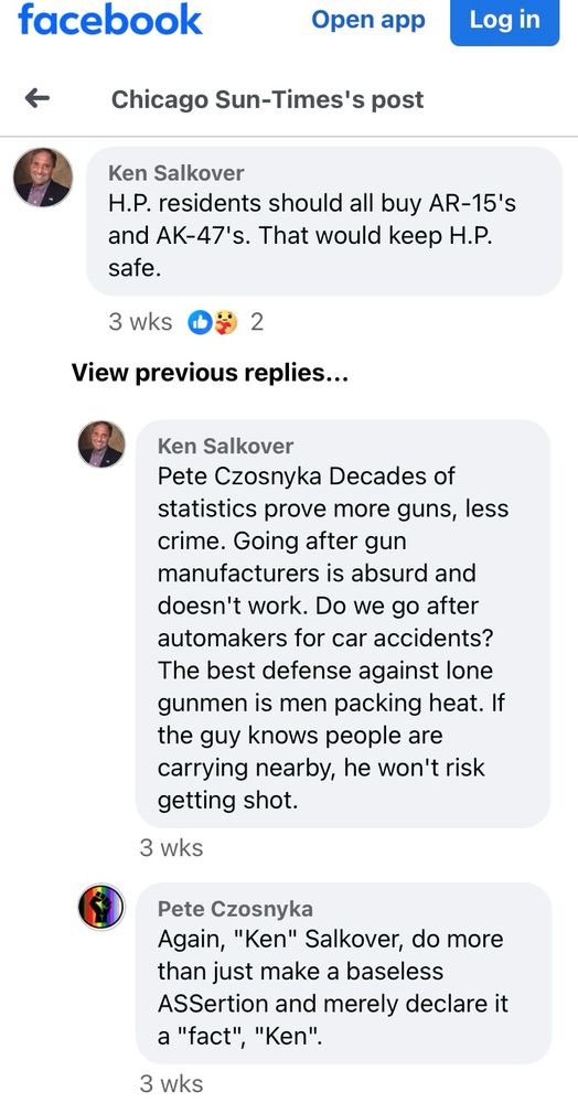 A dumbass Facebook post where this guy Ken Salkover advocates for everyone to buy AR 15s AR 47s to prevent massacres like the highland park shooting. 