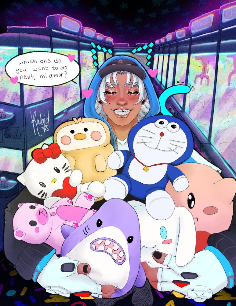 Venture from Overwatch 2 in their 8-Bit skin at neon lit arcade. The background has rows of claw machines. They are holding 7 stuffed animals. The stuffed animals are a bird that looks like toast on the upper left, underneath that is hello kitty holding a heart, and the bottom left is a pink teddy bear. In the bottom middle is a purple shark. On the top right is a duration, underneath is Kirby and cinnamoroll. 