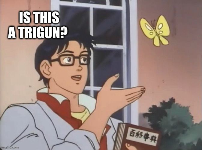 The "is this a pigeon meme" with a bookish man pointing at a butterfly asking "is this a trigun"

Also, you should watch Trigun