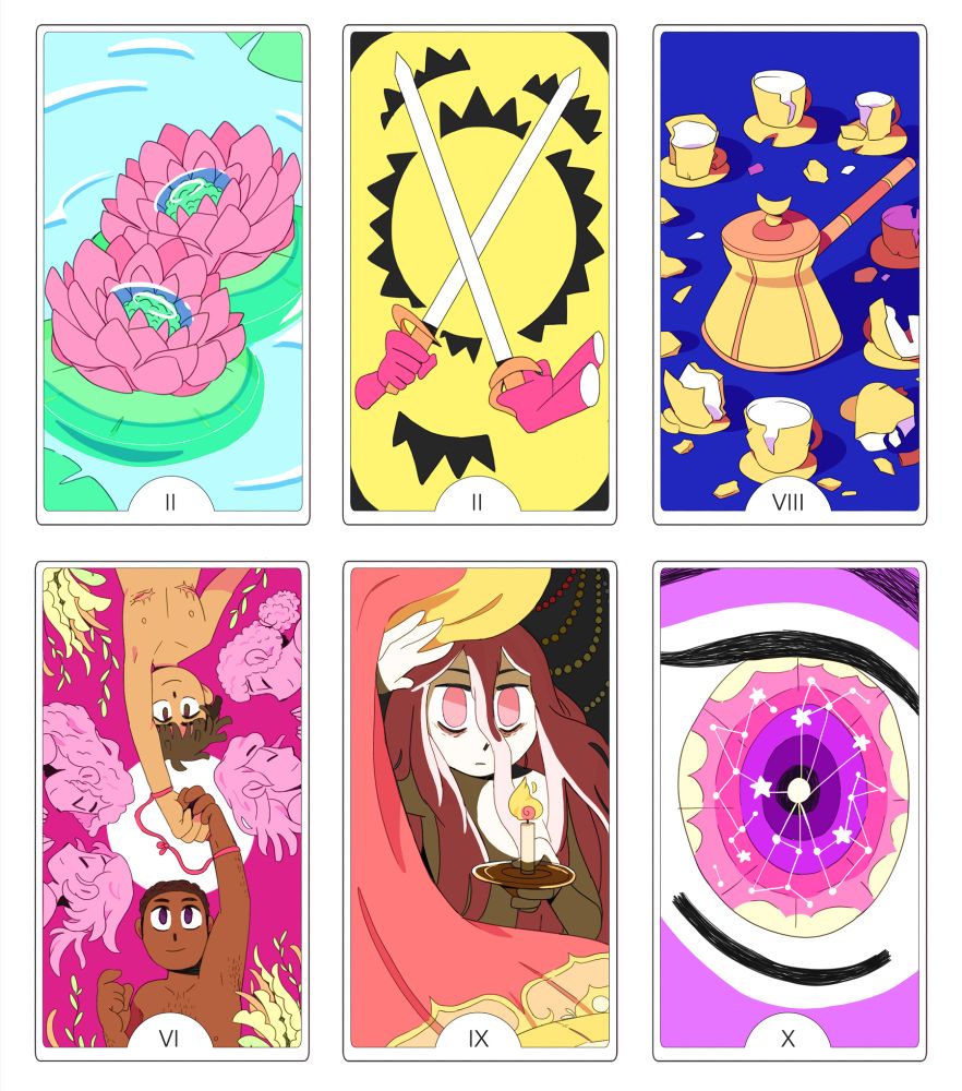 a sample of a tarot card deck designed by iasmin omar ata for Tarotbot. the cards are the 2 of Cups, 2 of Swords, 8 of Cups, the Lovers, the Hermit, and the Wheel of Fortune.