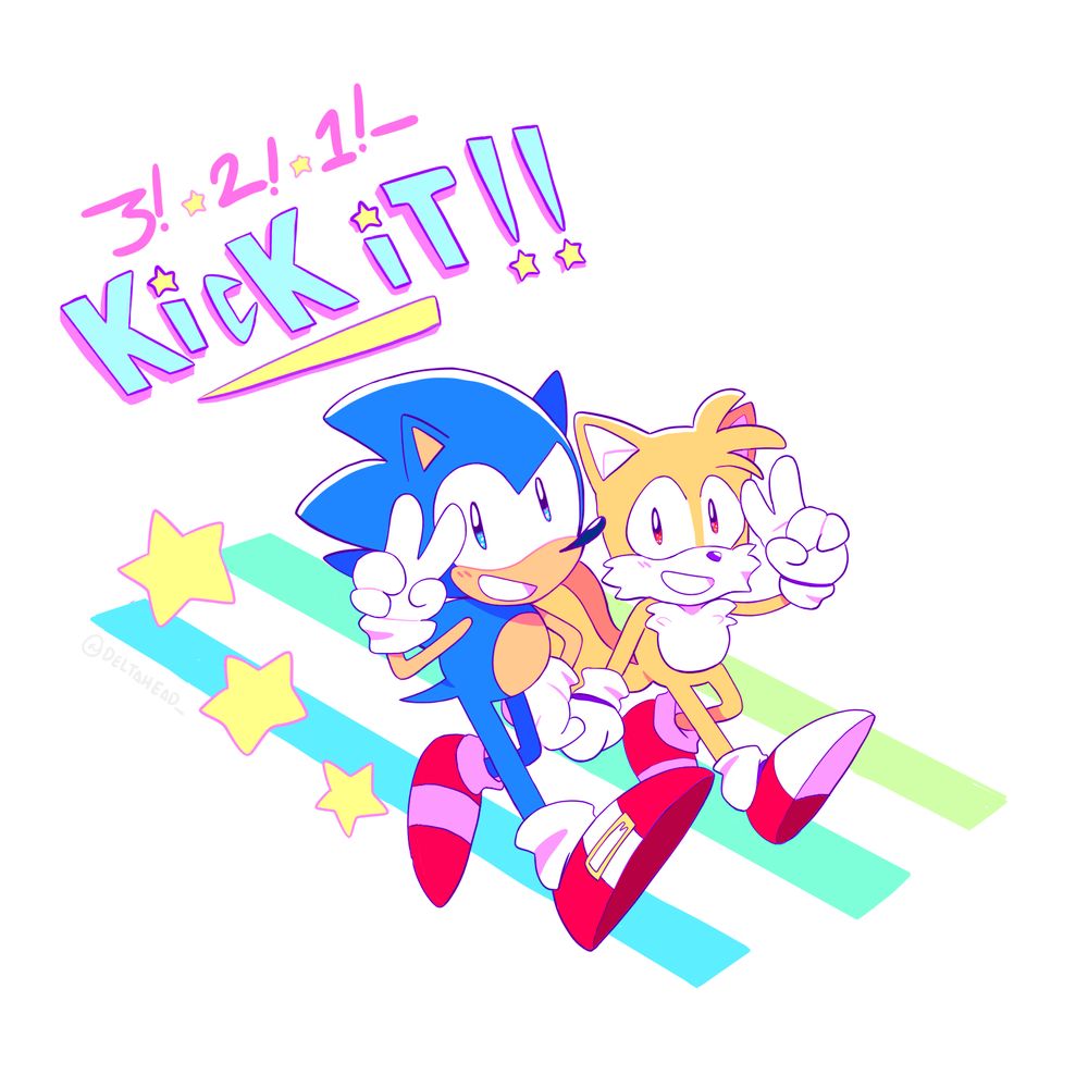 my first "i'm gonna draw sonic now!" drawing from january 2022. sonic and tails pose excitedly with the text "3-2-1 kick it!!" in the background. 