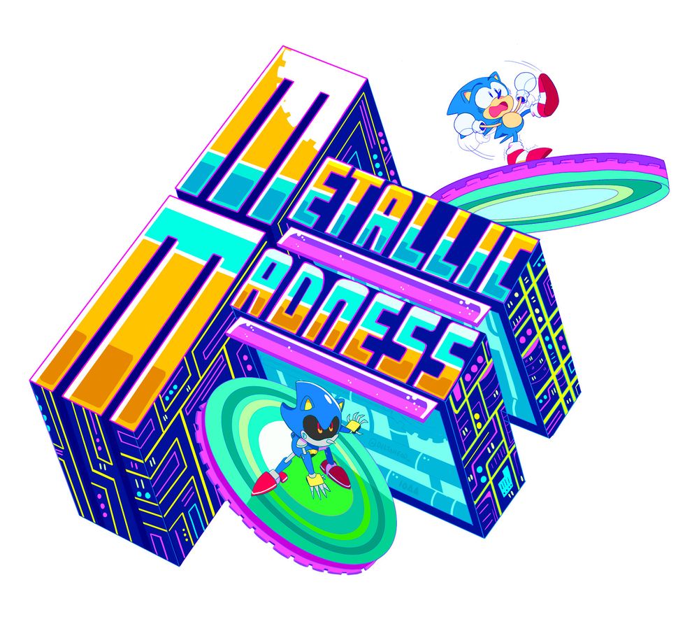 an illustration of giant blocky letters reading METALLIC MADNESS, with classic sonic and metal sonic balancing on rotating gears on opposite sides of the text. metal sonic seems focused, while sonic himself seems like he's having a rough time keeping his balance. hang in there, sonic!