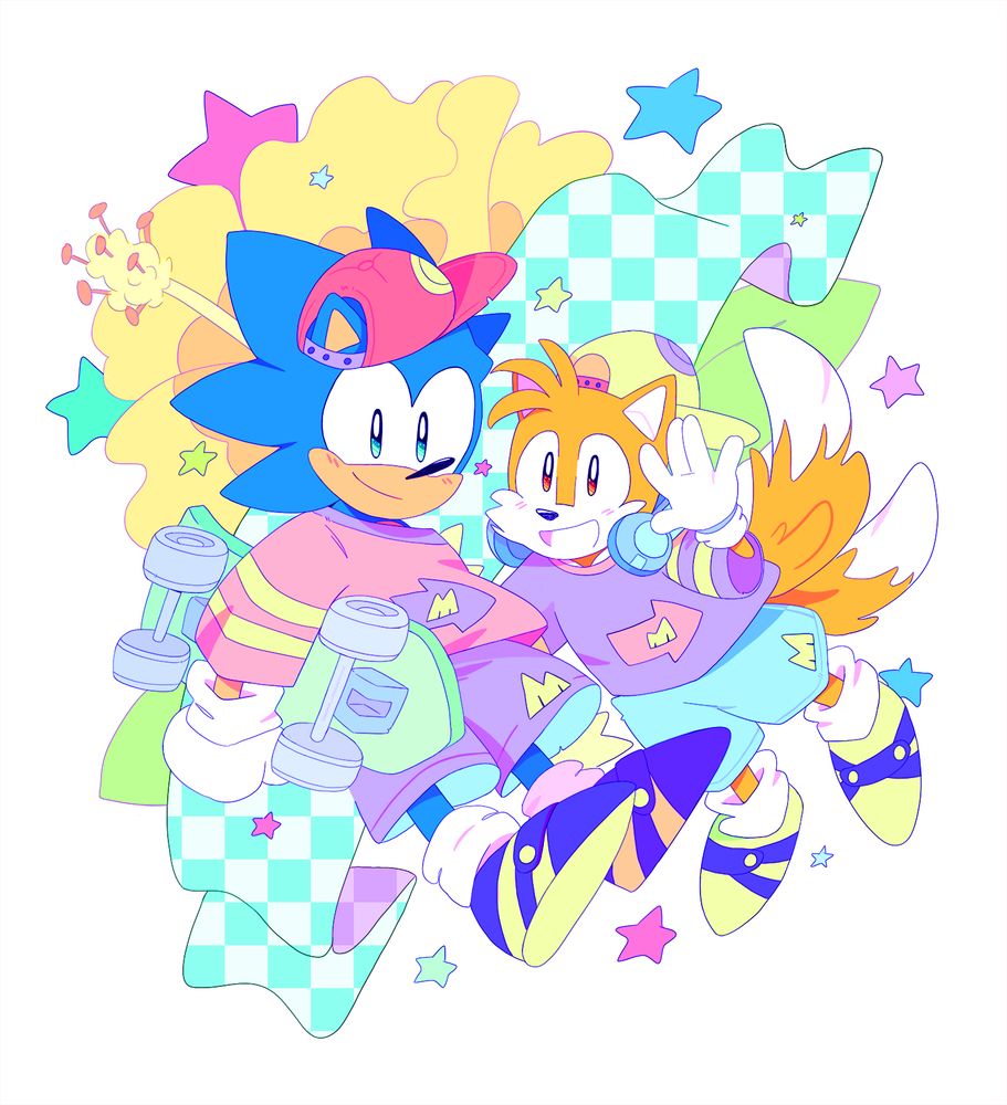 an illustration, from spring 2022, of classic sonic and classic tails posing cutely, looking at the viewer. they're in matching outfits based on sonic's (supposed) favorite clothes from the 1996 OVA -- baseball cap, baggy shirt and shorts, and purple/lime green shoes. sonic is holding a skateboard, too. they're very 90's and very cute!