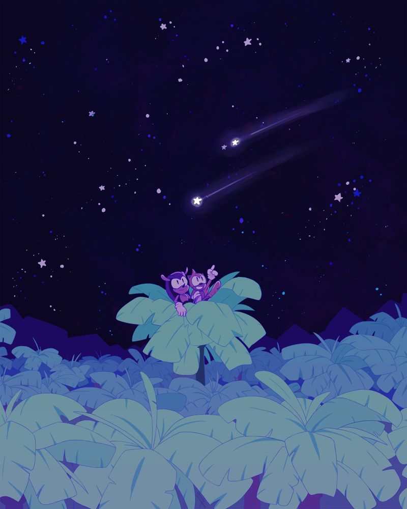 mighty the armadillo and ray the flying squirrel -- best friends reunited at last! -- sit atop a grove of palm trees on angel island and are stargazing on a beautiful night. two shooting stars are flying through the sky. 
