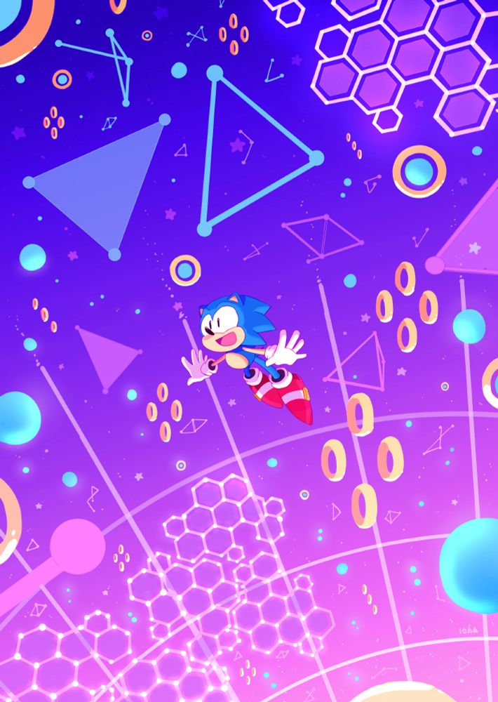 an illustration of classic sonic excitedly floating through the special stage from sonic superstars. the background is a deep blue to bright pink, with friendly polygons, blue spheres, stars, and rings all around.
