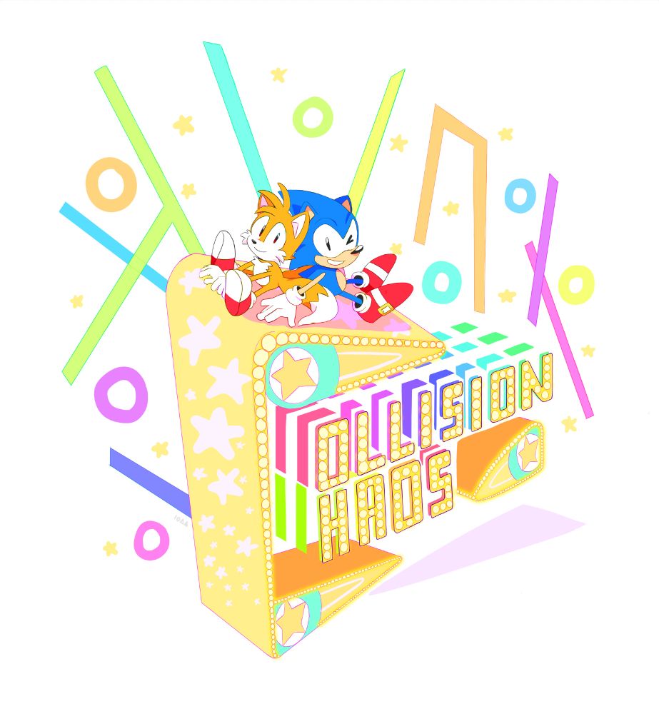 classic sonic & tails are chilling atop large text that reads COLLISION CHAOS, made of bumpers, lights, colors, and stars. colorful decorations from the level in sonic CD are behind them.