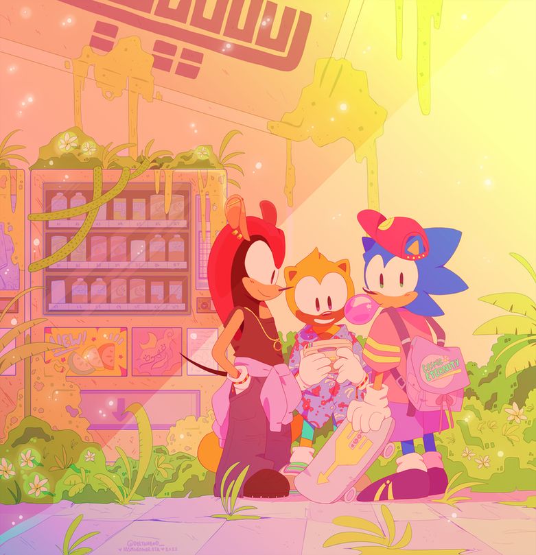 sonic, mighty, and ray in 90's style outfits, hanging out in an abandoned mall that's grown over with decades of tropical plants and vines. a broken-down vending machine is behind them.